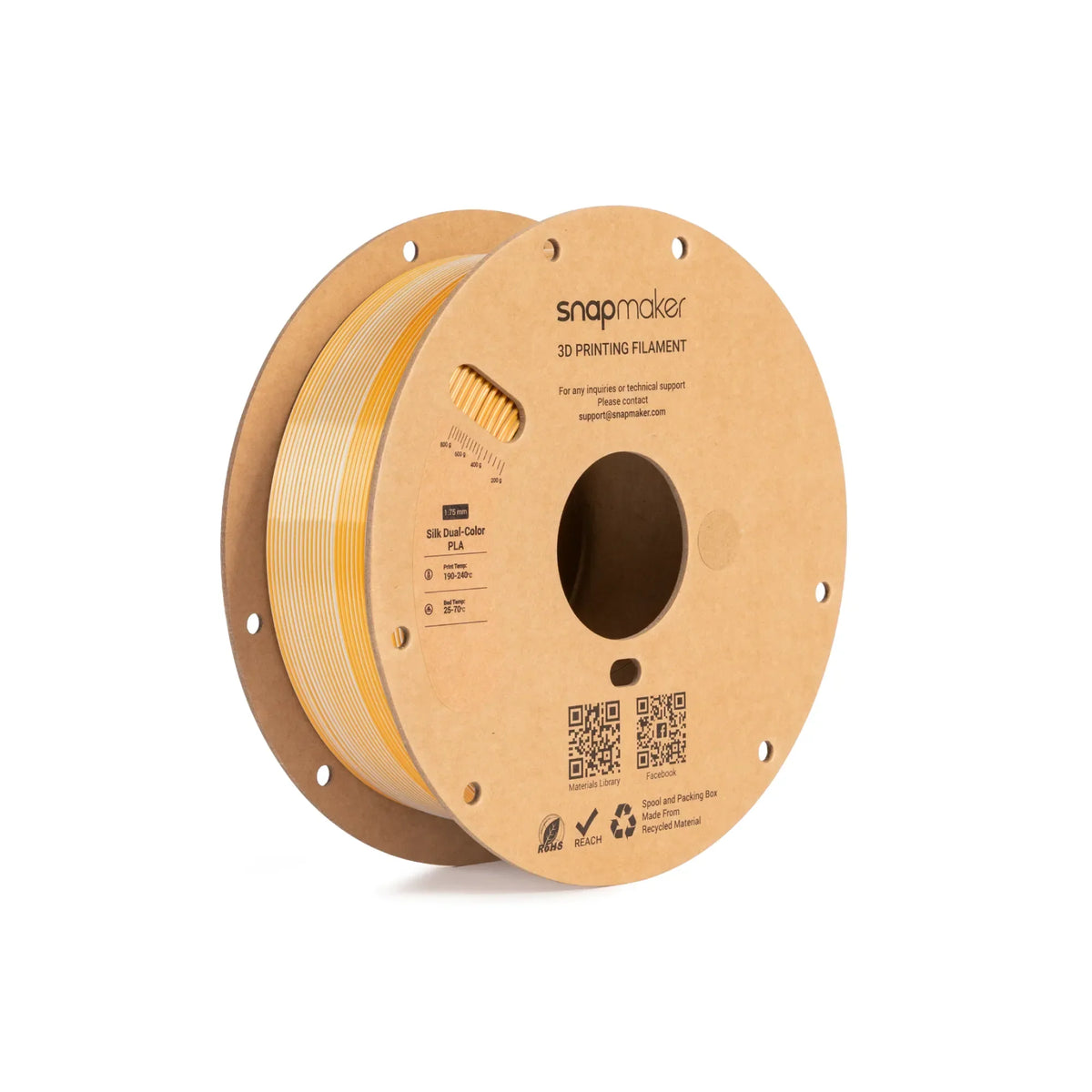 Snapmaker Silk Dual-Color PLA Filament in Solar Alloy — spool, view 2