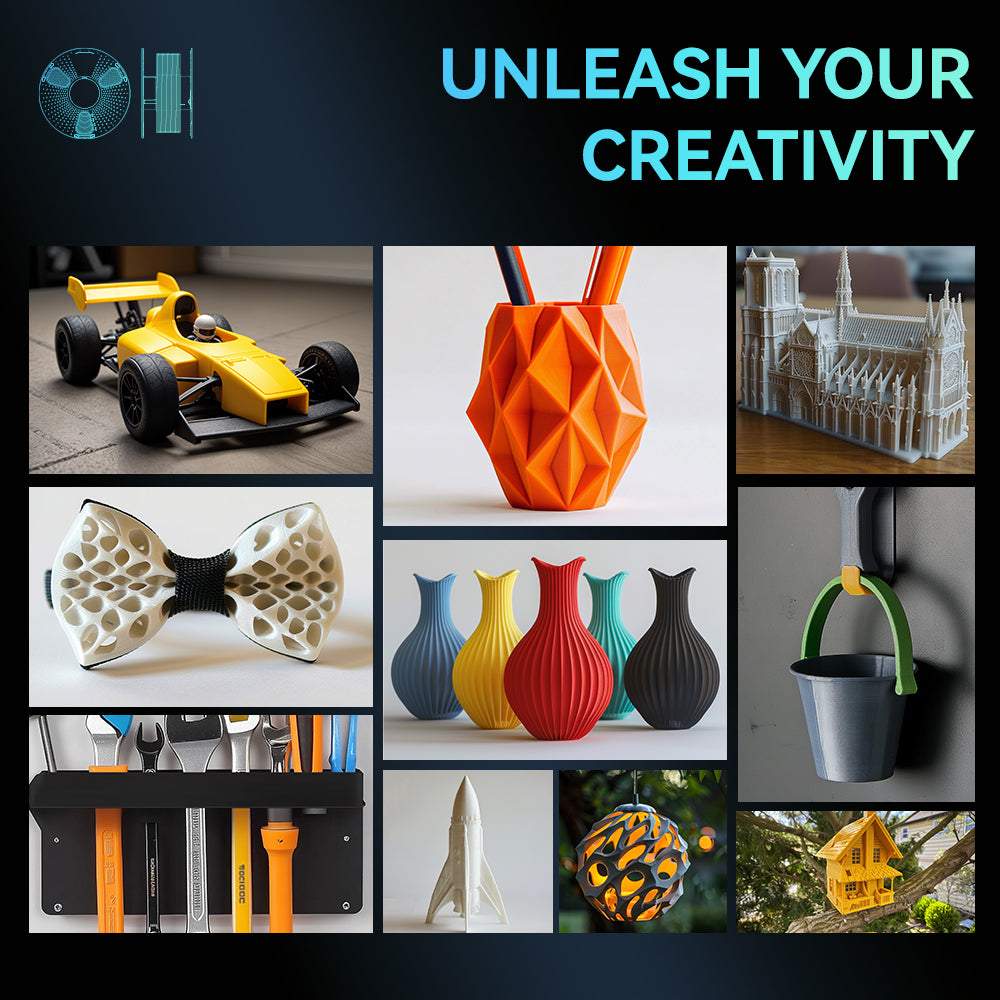Sunlu PLA+ Filament — a collage of parts printed in PLA+, from a model car and vases to brackets and tools
