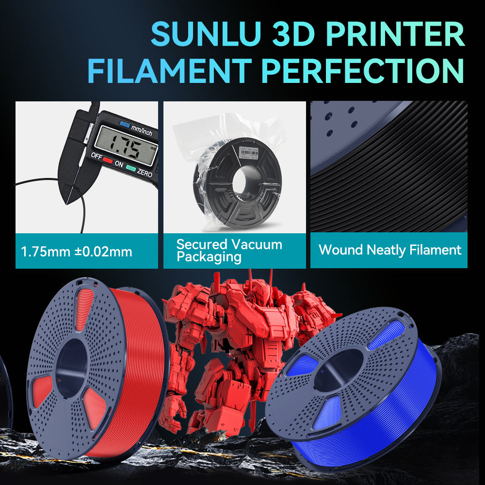 Sunlu PLA+ Filament — 1.75mm plus or minus 0.02mm tolerance, vacuum-sealed packaging and neatly wound filament