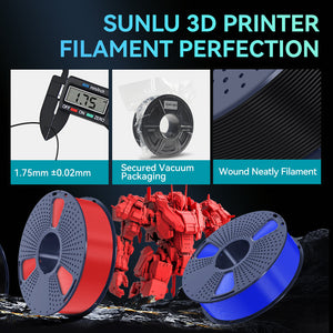 Sunlu PLA+ Filament — 1.75mm plus or minus 0.02mm tolerance, vacuum-sealed packaging and neatly wound filament