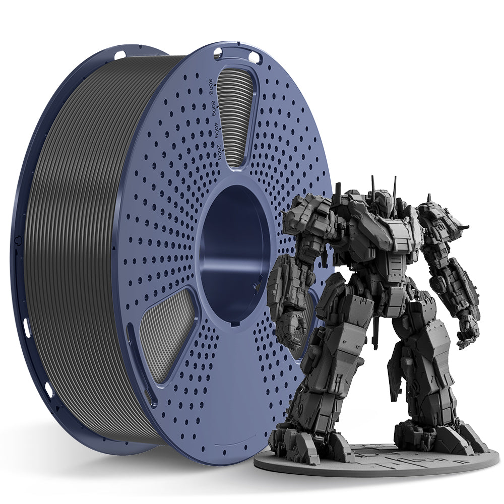 Sunlu PLA+ Filament — dark grey spool beside a model printed in the same filament